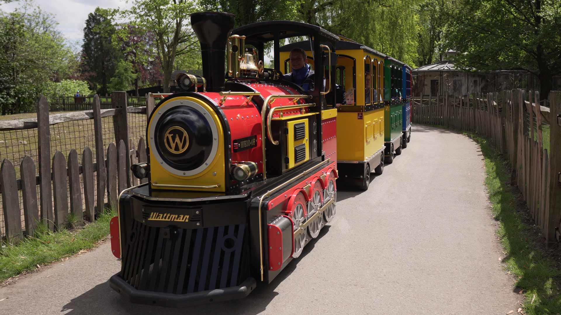 Colorful trackless train driving through a park with passengers on board